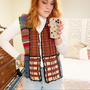 Susan Bristol Vintage Patchwork Knit Crochet Cottagecore Boho Sweater Vest Sz L